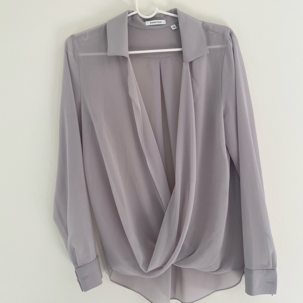 Babaton Aritzia gray silk cross drape drone collared top